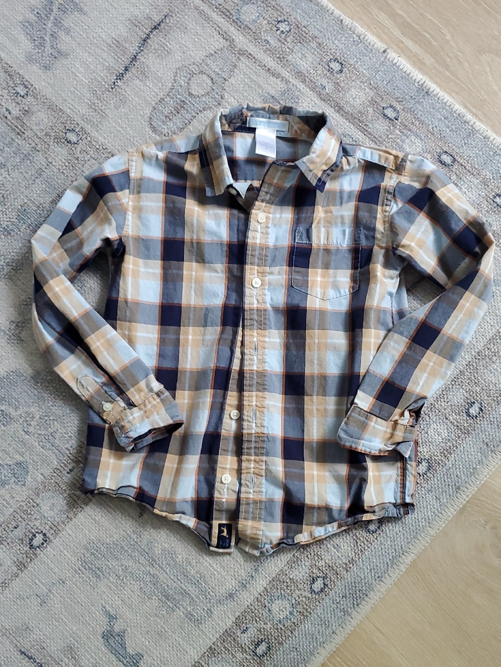 Janie And Jack Boys Blue and Tan Plaid Button Up Long Sleeve Shirt Sz6